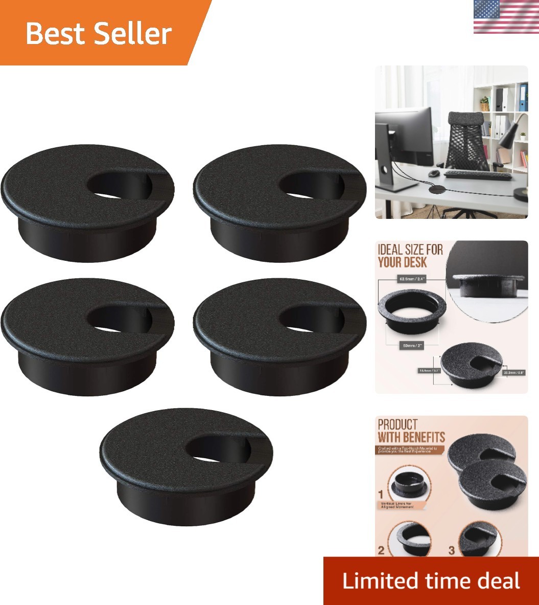 Safe and Durable Black Desk Grommet 2" Hole Covers - 5-Pack for Cable Safety