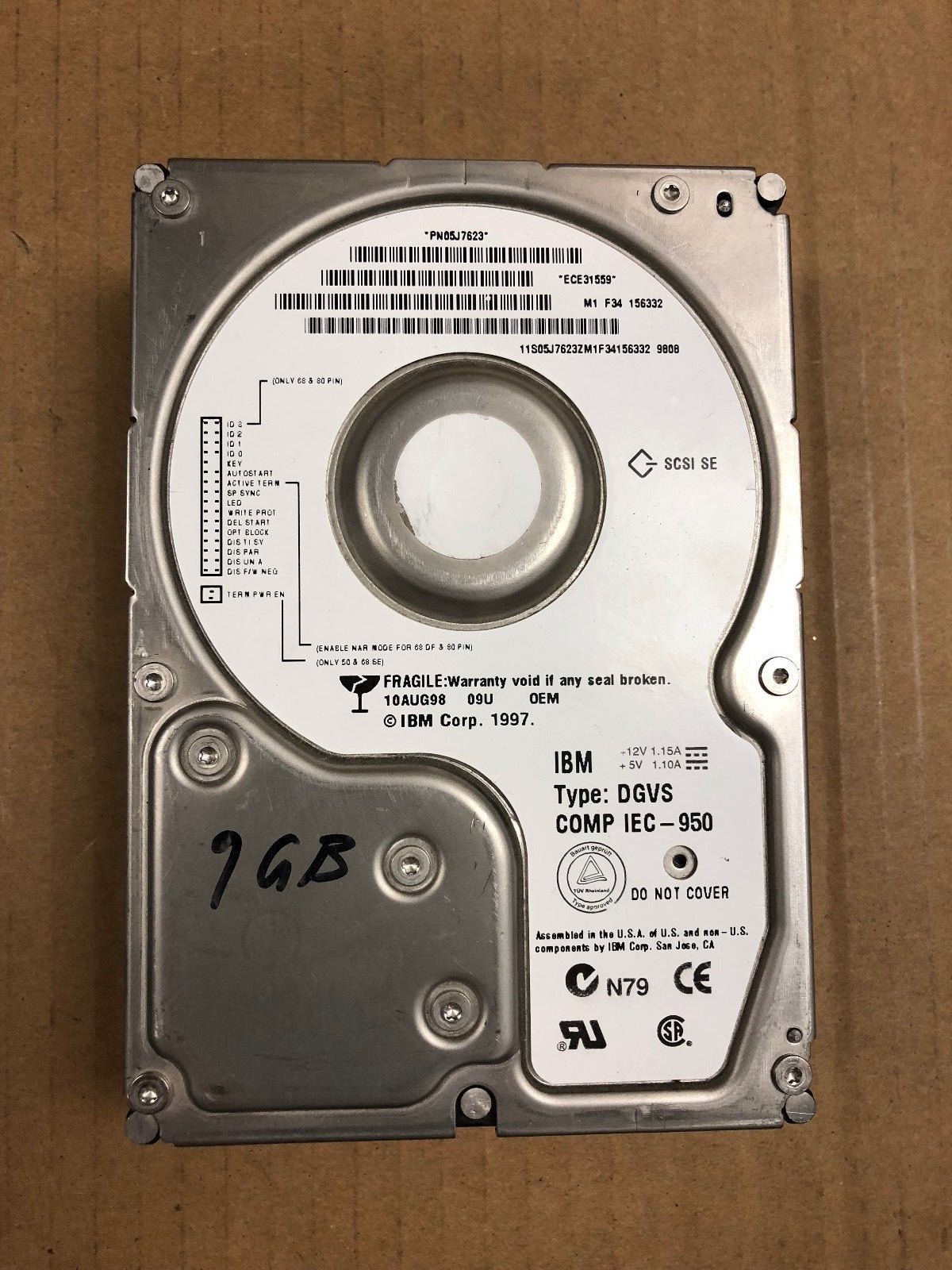 IBM DGVS 9.1GB 10K RPM 1M Ultra2Wide 68 Pin SCSI 1.6" High Internal HDD