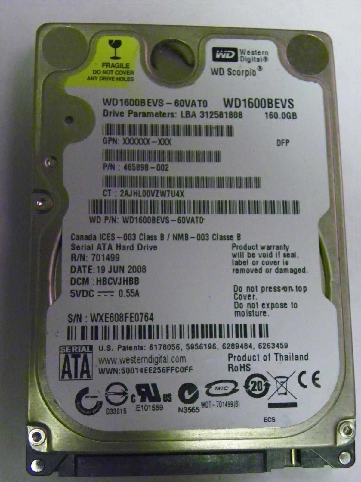 Western Digital WD1600BEVS-60VAT0 laptop 160GB 2.5" SATA Hard Drive 465898-002