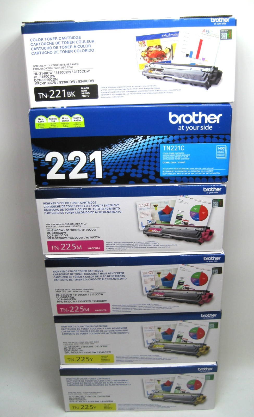 Set of 6 Genuine Brother TN221BK, TN221C, TN225M, TN225Y (1BK/C/2 -M/2 -Y) Toner