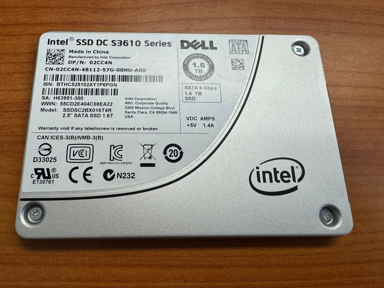 02CC4N Dell Intel DC S3610 1.6TB SATA 2.5in SSD SSDSC2BX016T4R 100% GOOD HEALTH