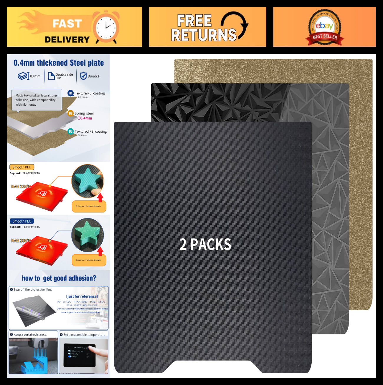 2-Pack Flexible Removable PEI Build Plate & Textured Spring Steel for 3D Printer