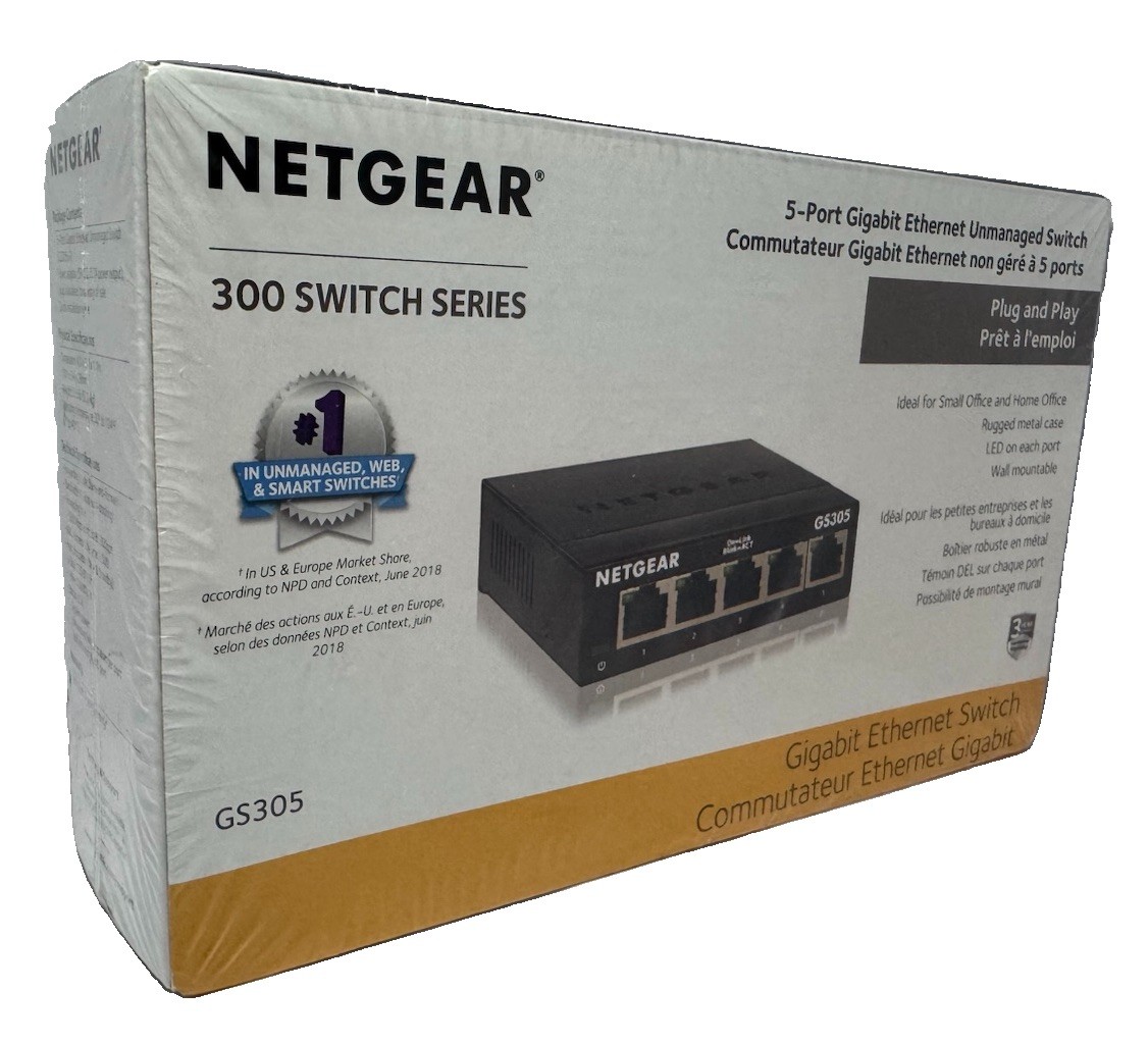 NETGEAR GS305 5-Port Gigabit Ethernet Unmanaged Switch Plug & Play New Sealed