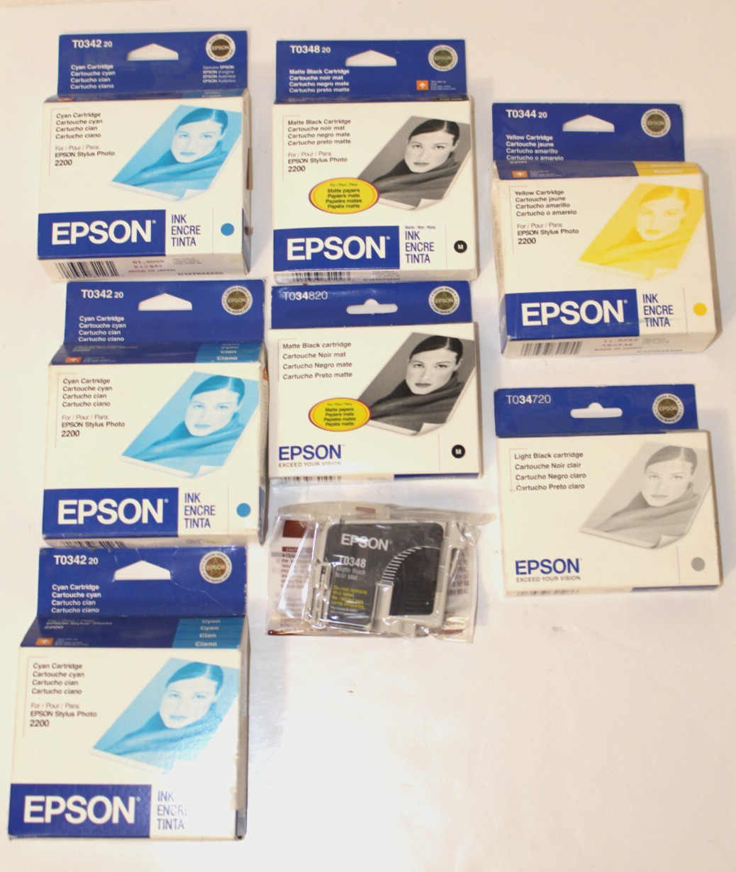 8 Genuine TO34 Epson Cartridges 3 Cyan 3 Black 1 Light Black & 1 Yellow