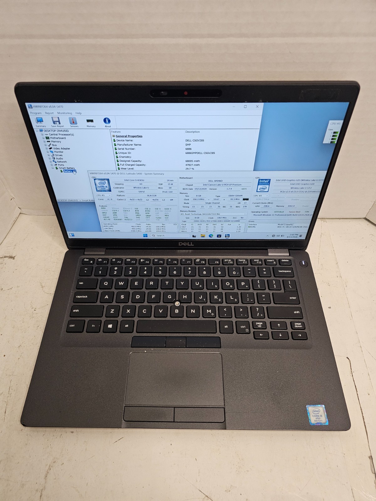 Dell Latitude 5400 14" Laptop i5-8365U 1.6GHz 8GB RAM 256GB SSD Win11 #04