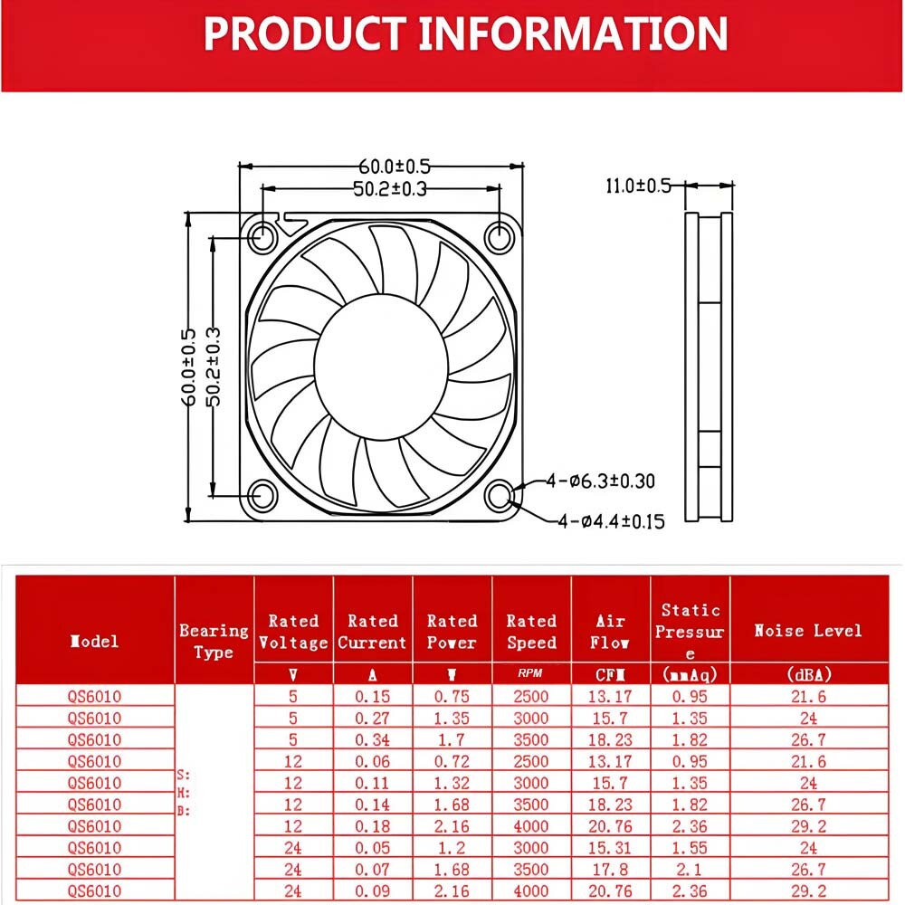6010 DC Brushless 3.7V-24V Cooling Fan Ultra-Quiet 2-Pin Micro Fan 60x60x10mm