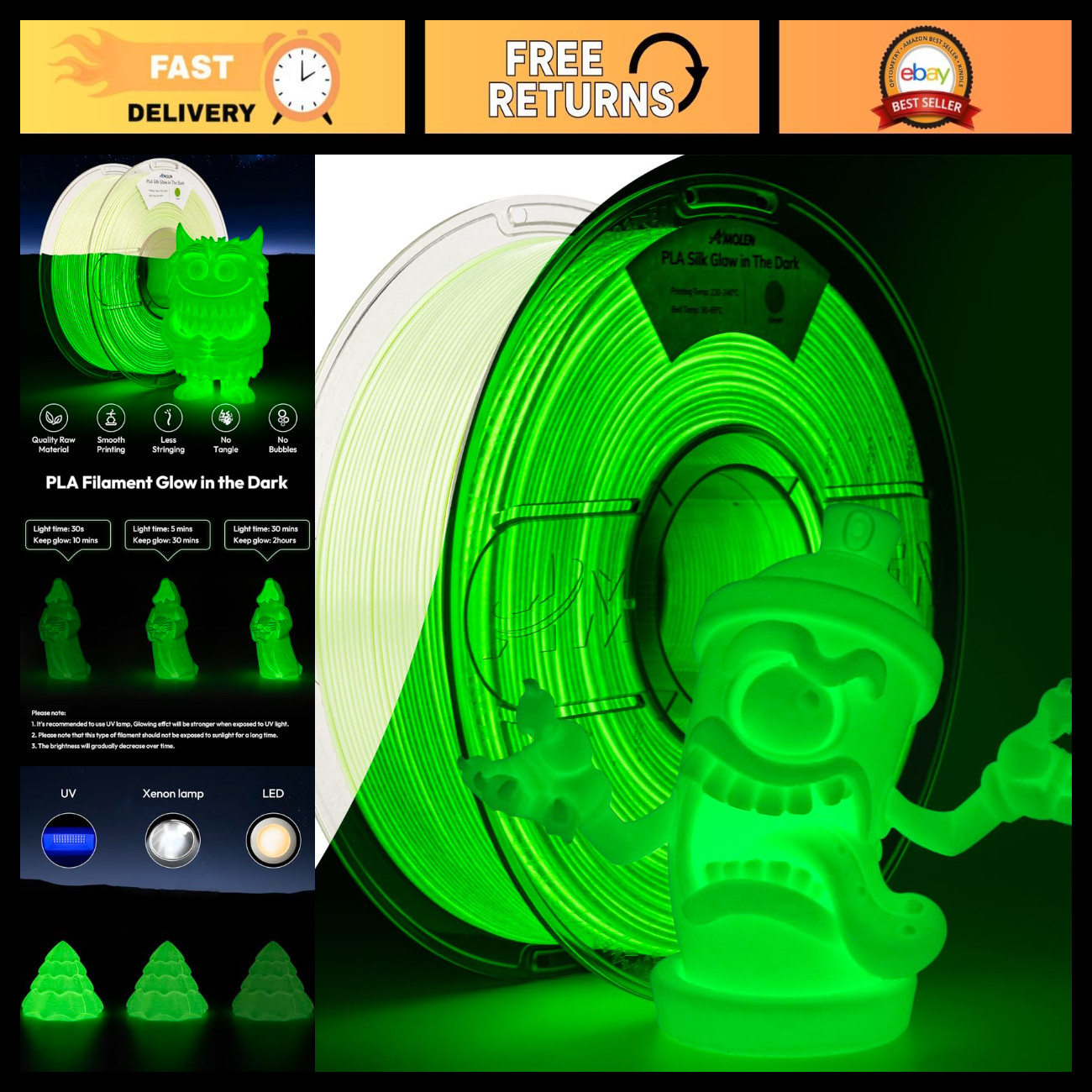 Glow in the Dark PLA Filament 1.75mm Green, Shiny Silk, UV Reactive, 1KG, Dimens