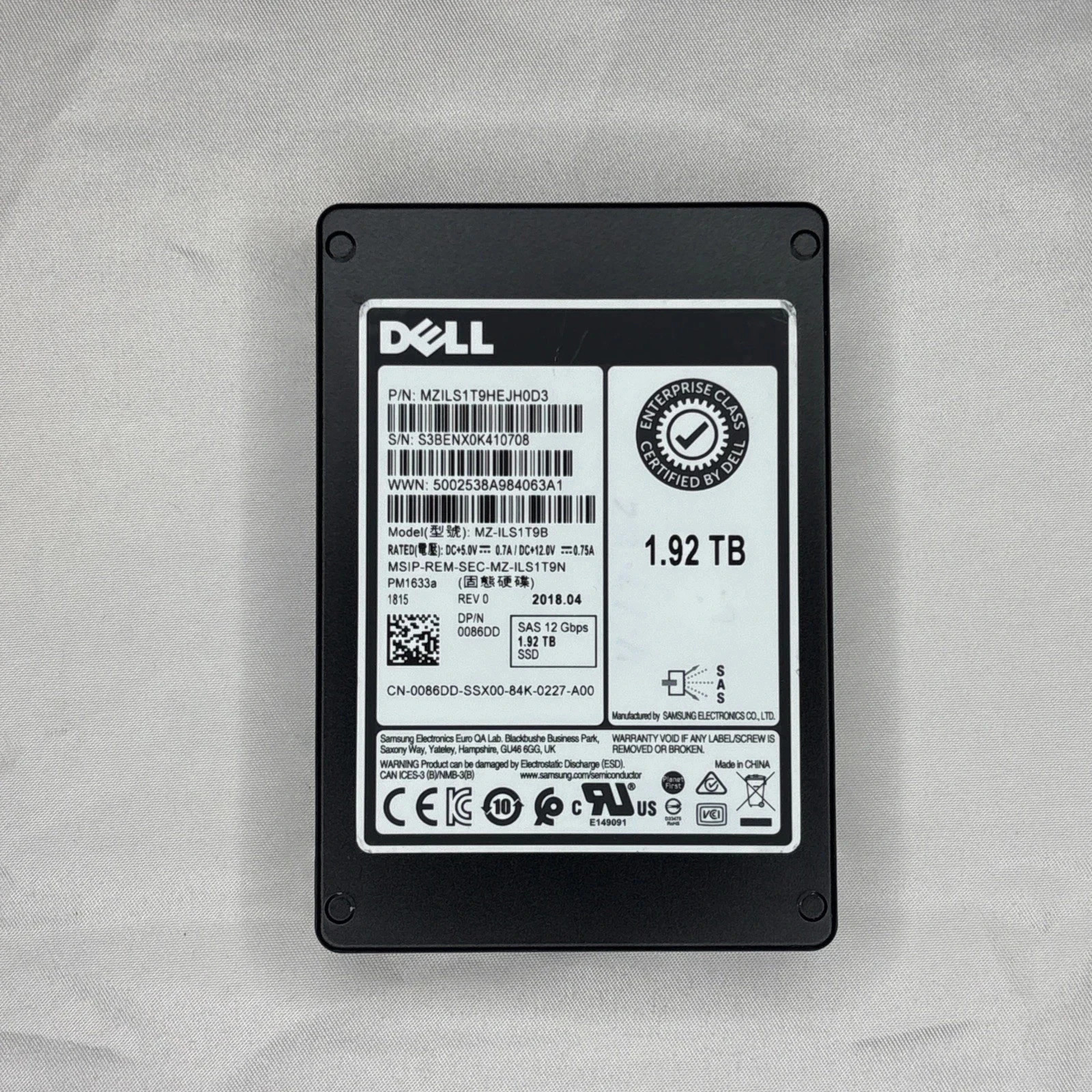 DELL 1.92TB SAS 12G RI 2.5 SSD DPN: 086DD | MZ-ILS1T9N | MZILS1T9HEJH0D3 W/ TRAY