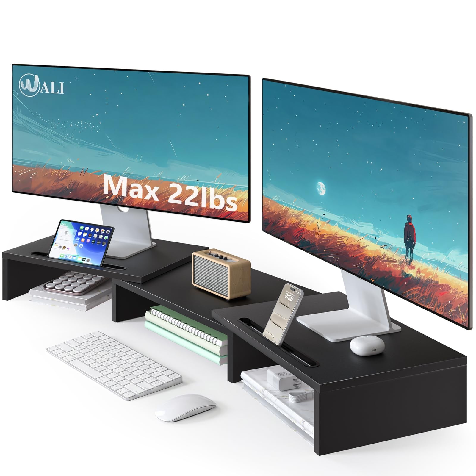 Extra Long Wooden Dual Monitor Stand Riser 2 Slots 22lbs Desktop Organizer