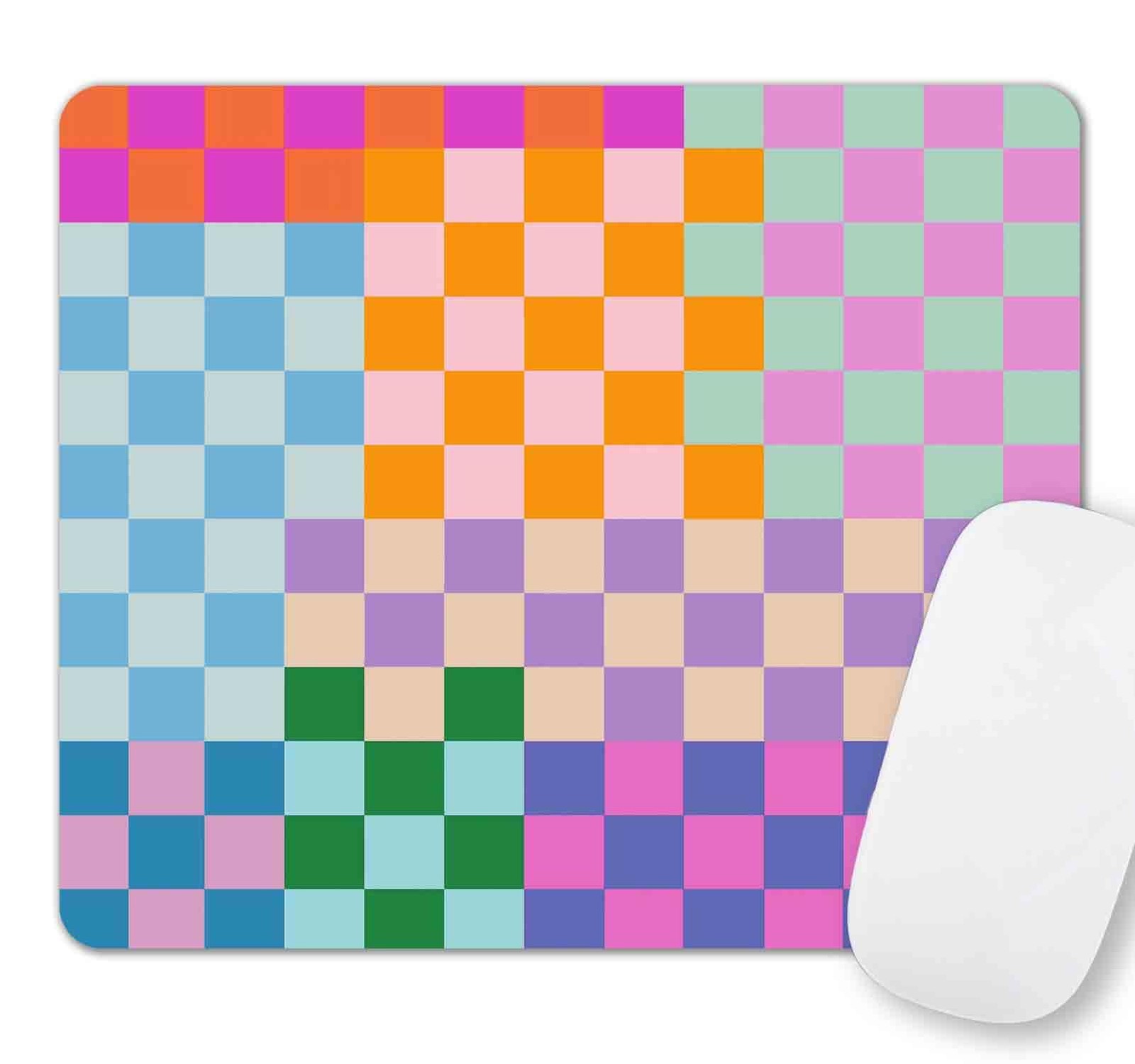 Cute Colorful Checkered Mouse Pad, Retro Purple Pink Blue Green Mousepad, Square