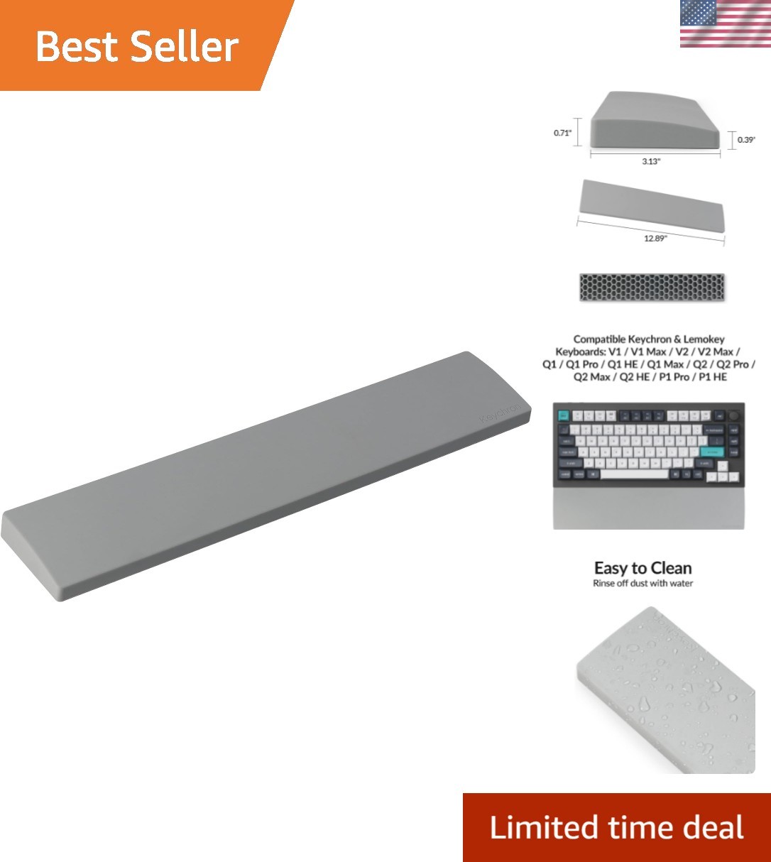 Gray Silicone Wrist & Palm Rest, 12.89" for 75% Compact Keyboard Series V1/V2...