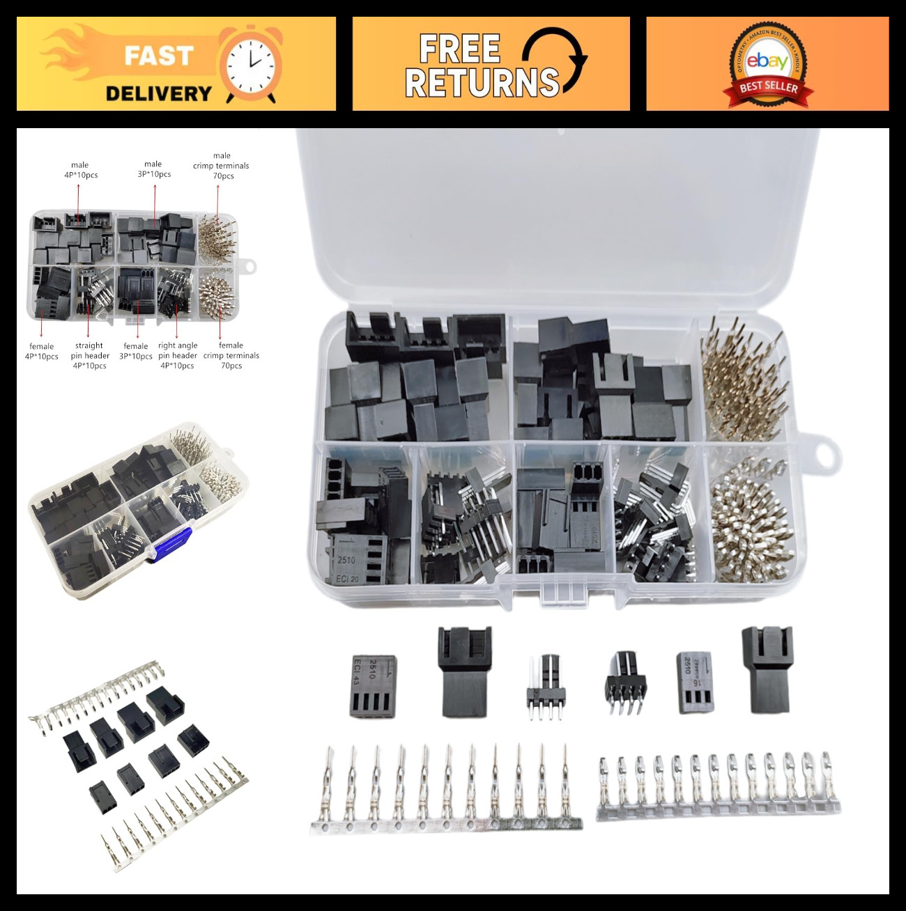 200PCS PWM Cooling Fan Connector Kit 3-Pin/4-Pin Plastic Shell Male Female Plug