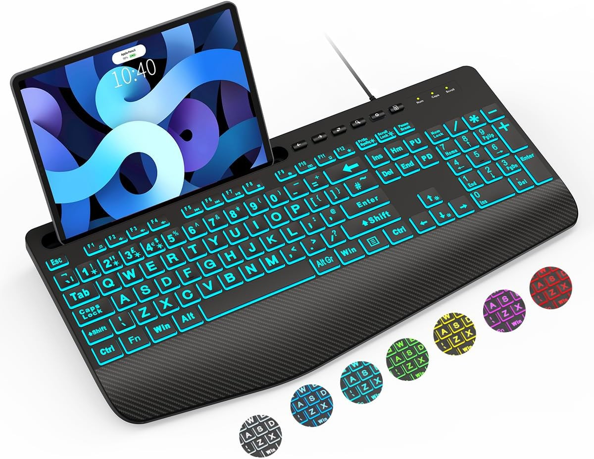 SABLUTE Large Print Wired Keyboard, Ergo Wrist Rest, 7 Colors Backlight