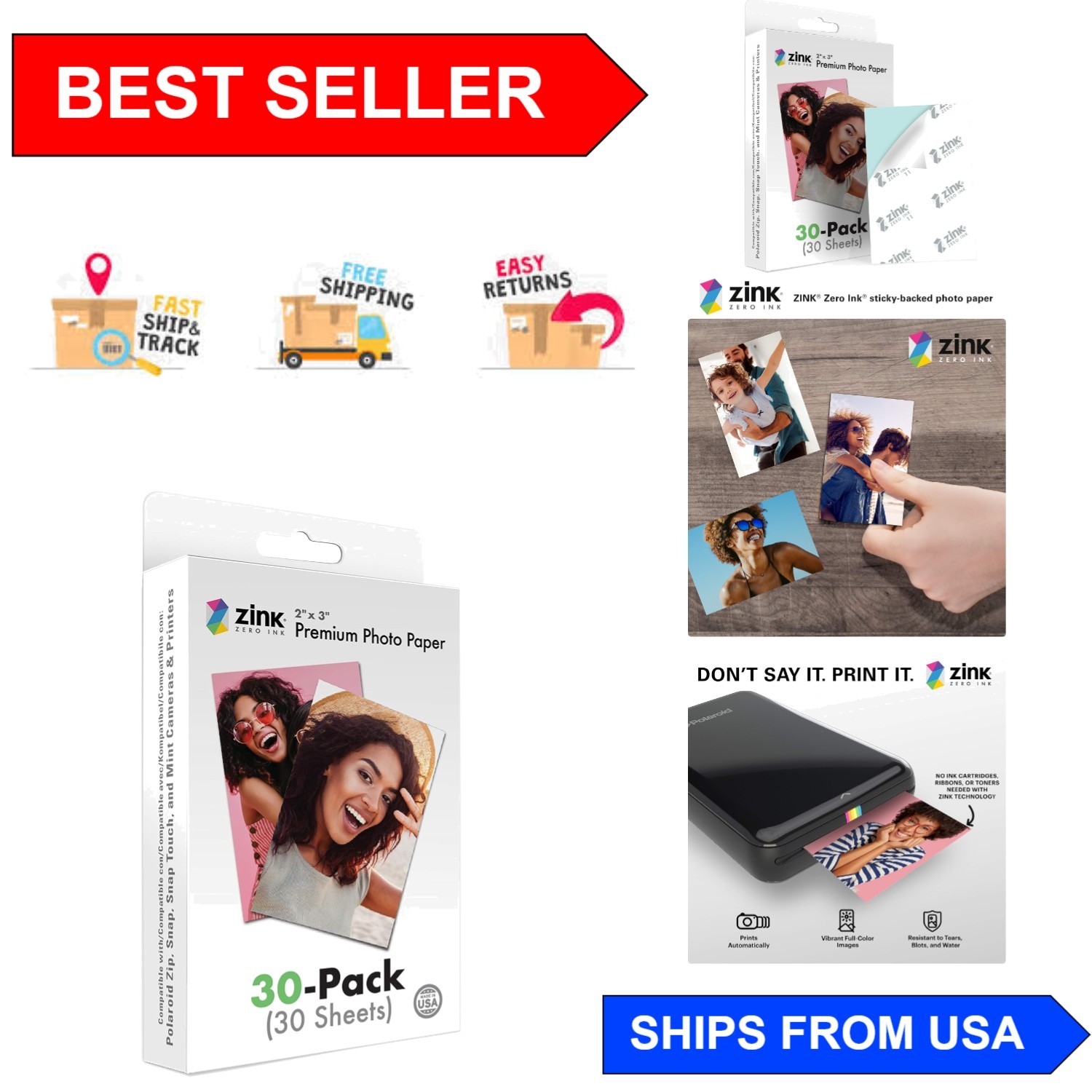 Vibrant 2x3 Instant Photo Paper 30 Count - Compatible with Polaroid Printers