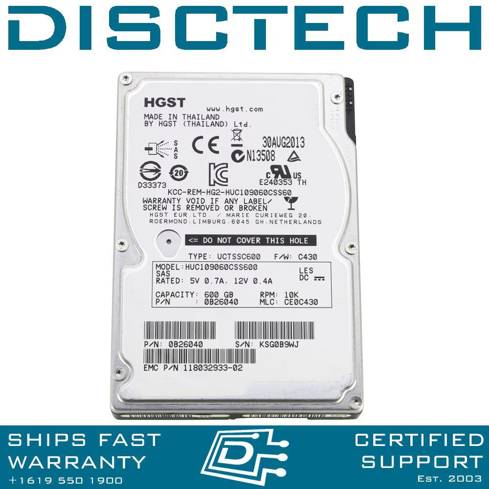 EMC 118032933-02 HGST Ultrastar 0B26040 HUC109060CSS600 600GB SFF SAS HDD Drive