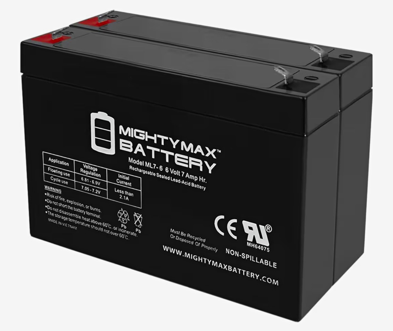 Mighty Max ML7-6 6V 7Ah SLA AGM Battery 2-Pack F1 Terminals NEW