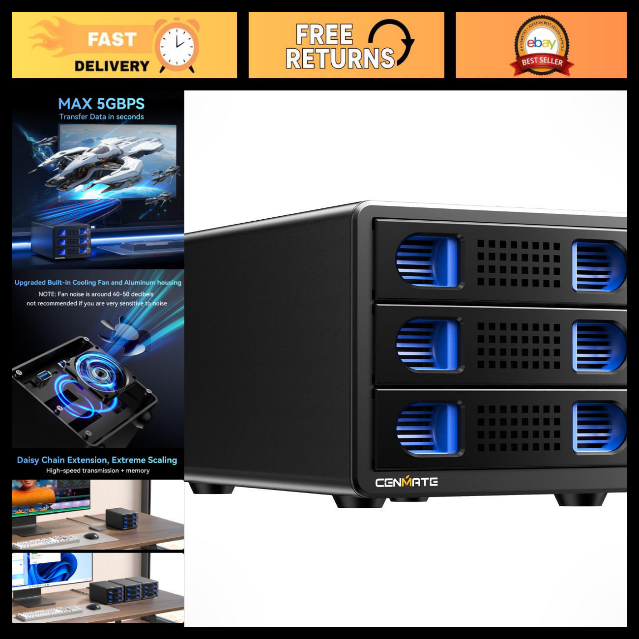 Aluminum 3 Bay Hard Drive Enclosure with Cooling Fan for 2.5"/3.5" SATA HDD/SSD,