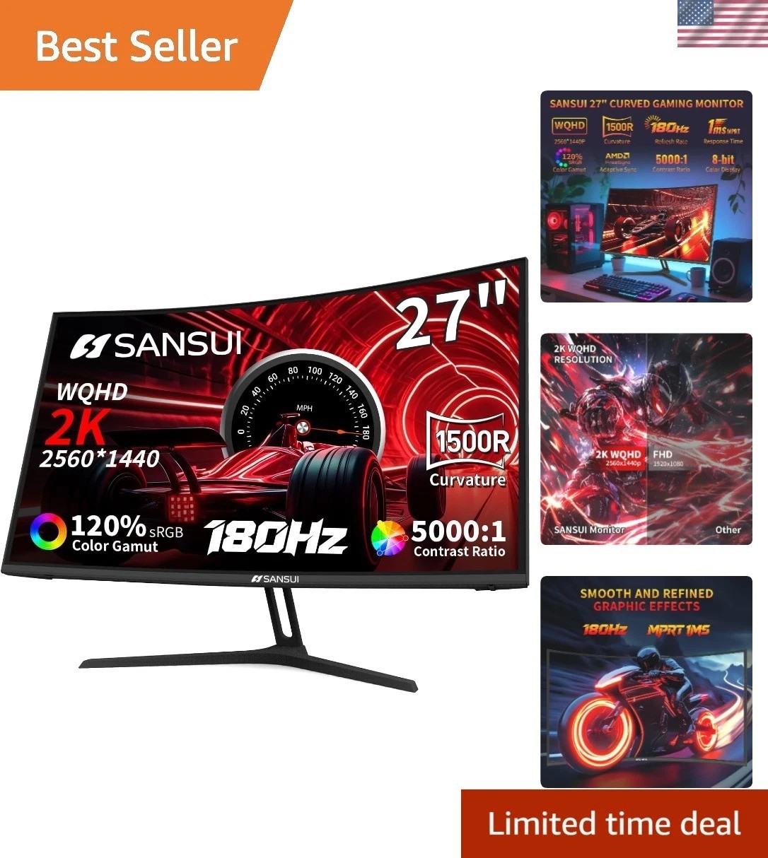 Immersive 27-Inch Curved Gaming Monitor - 2560x1440, 180Hz, Freesync Technology
