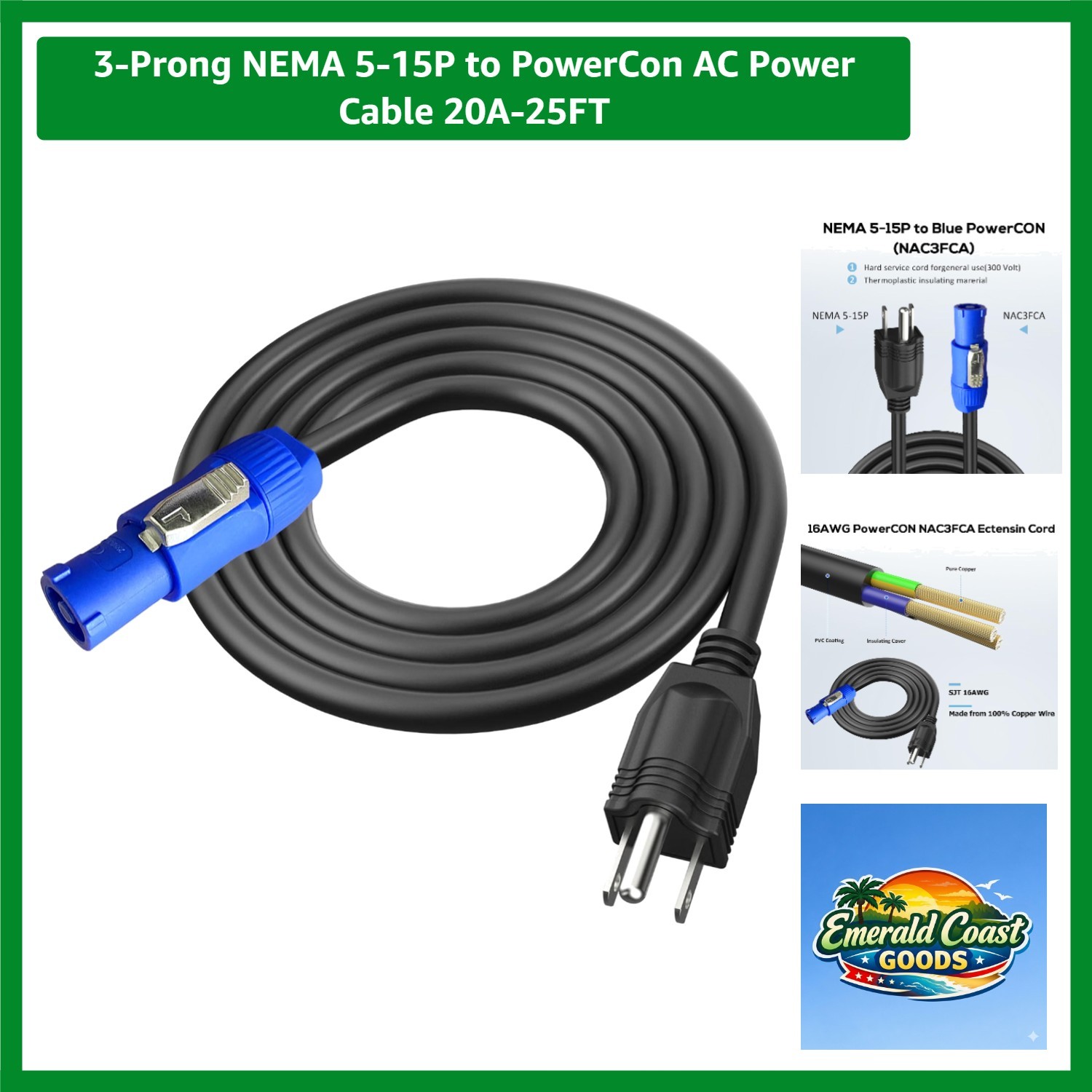 Flexible 25FT NEMA 5-15P to PowerCON 20A AC Power Cable for Lights & Amplifiers