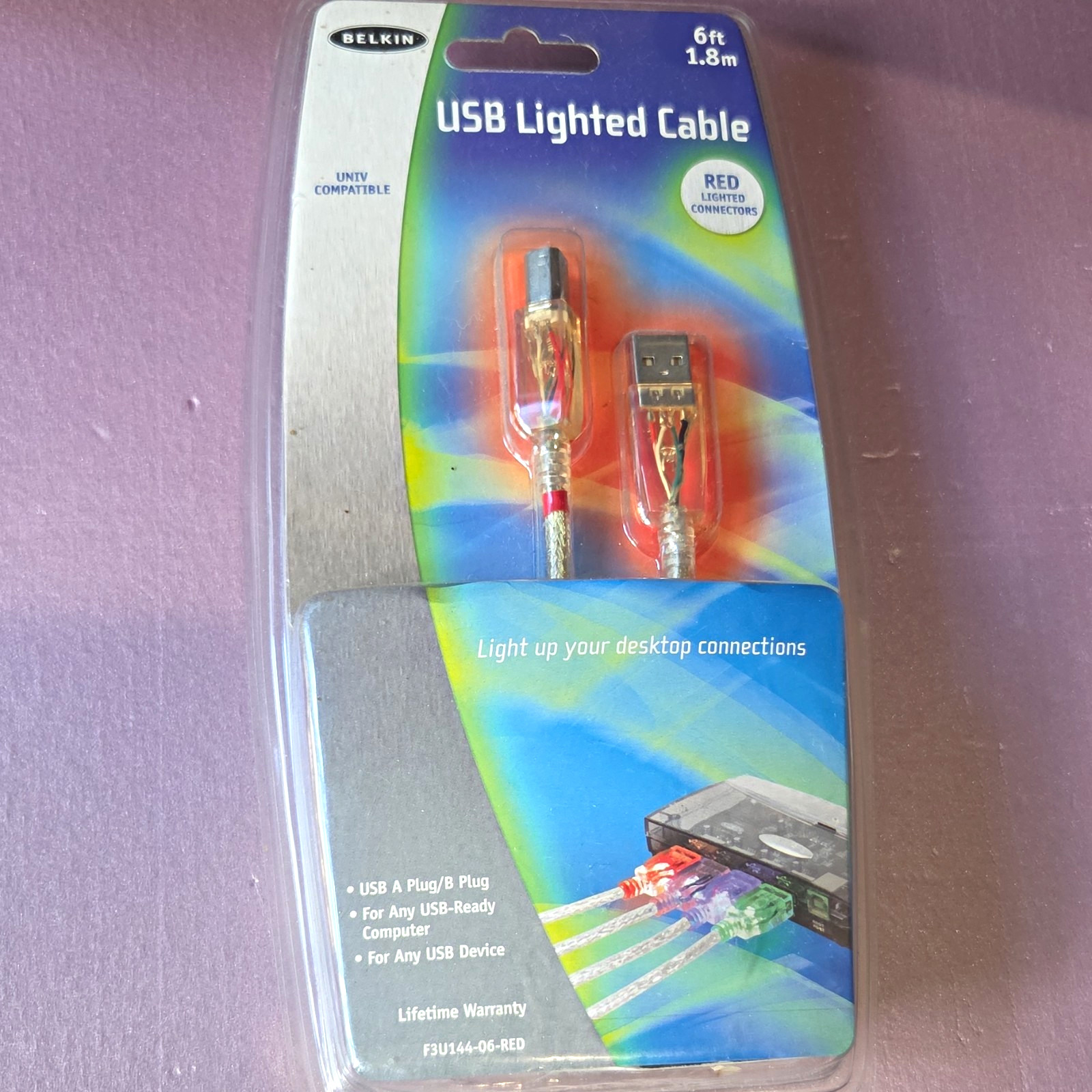 Belkin USB A to USB B Cable 6ft Red/Clear Lighted Connectors F3U144-06-RED