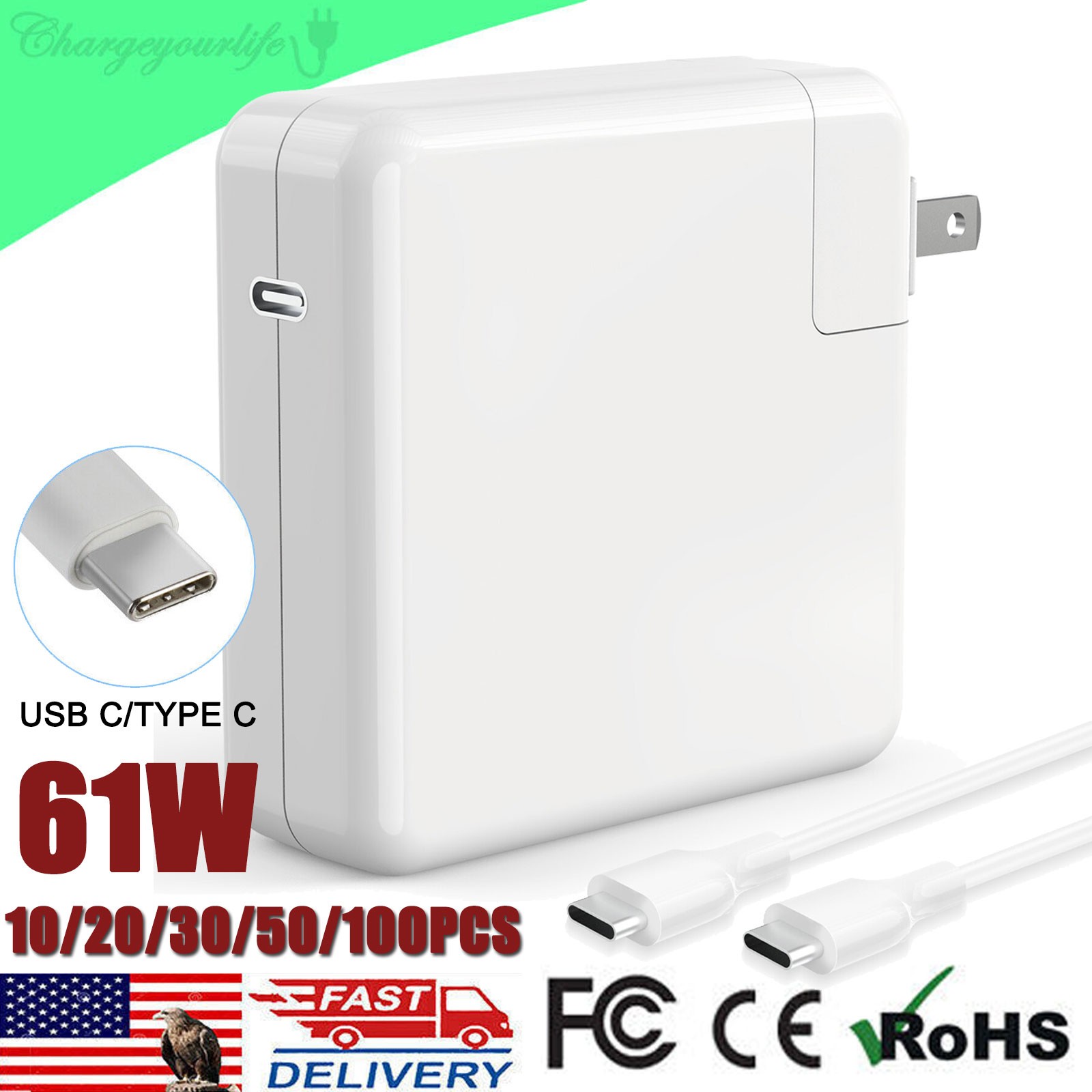LOT 10/20/30/50/100X 61W USB C Type C Adapter Charger for MacBook Pro 13" A1708