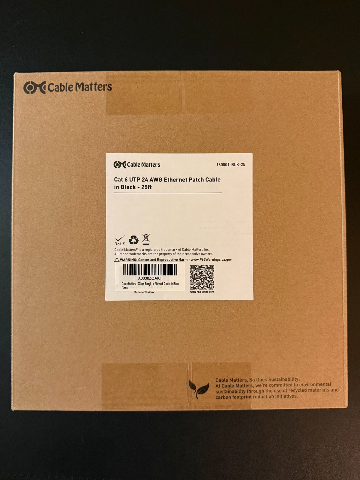 Lot of Two (2) Cable Matters Cat6 25ft Black Snagless Ethernet Cables New Boxed.