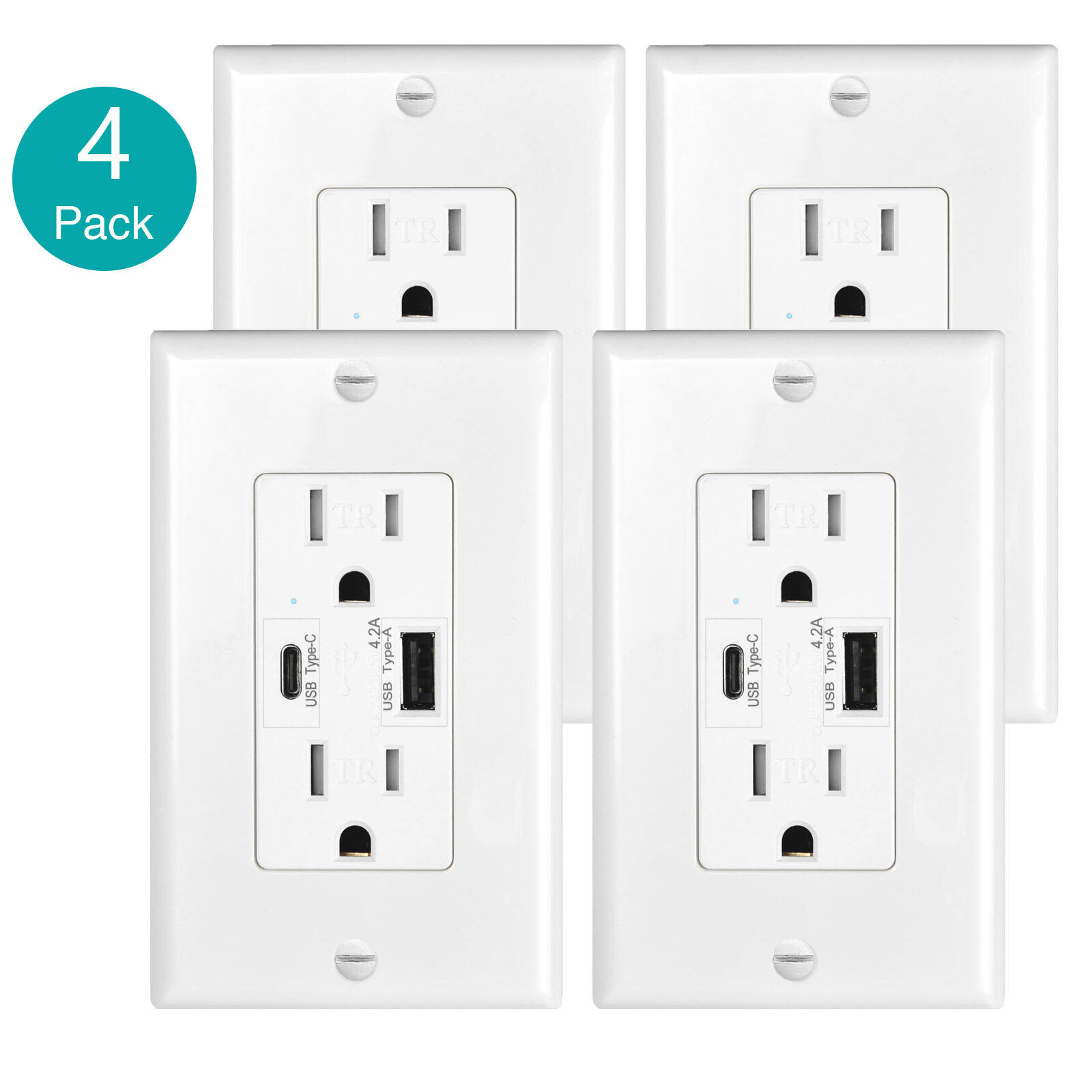4.2A USB Wall Socket Outlet AC Power Receptacle Type-C Fast Charger Plug 15A 4PK