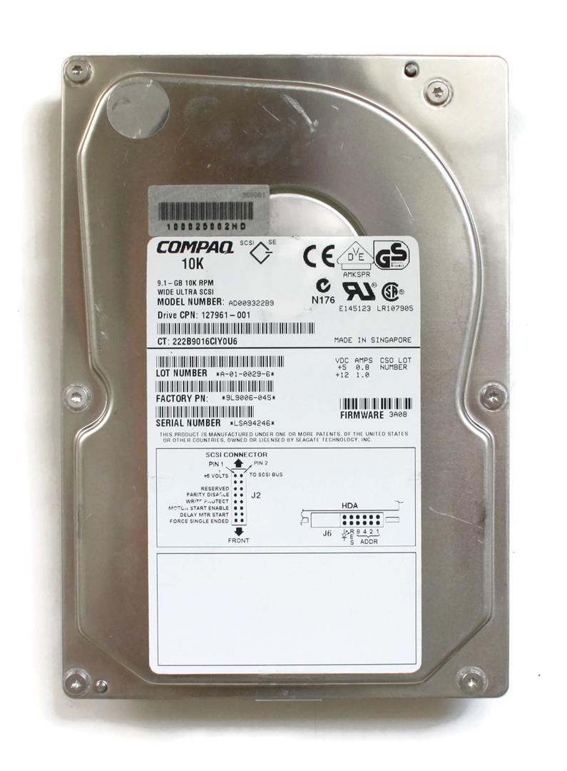 9.1gb 10k wu scsi hdd, ad009322b9, 127961-001, 9l9006-045 fw:3a07