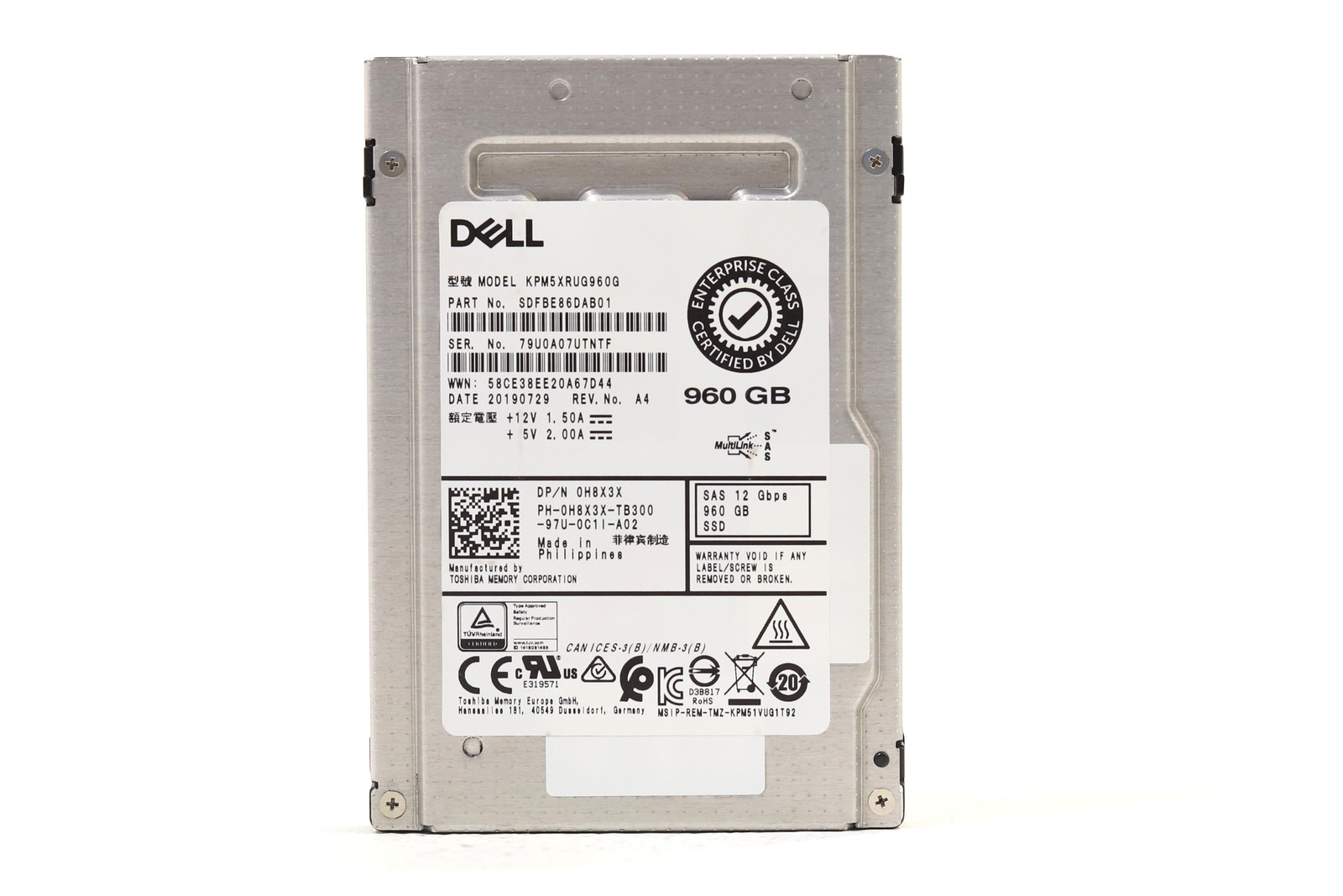 Dell KPM5XRUG960G 960GB 2.5" 12Gb/s TLC RI 79% Health SAS SSD Dell P/N: 0H8X3X