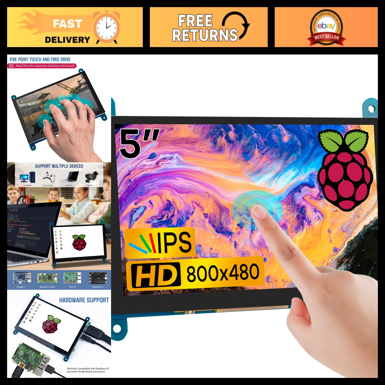 5" IPS LCD Touch Screen Monitor, 800x480 HDMI Display Panel, High-Resolution Scr