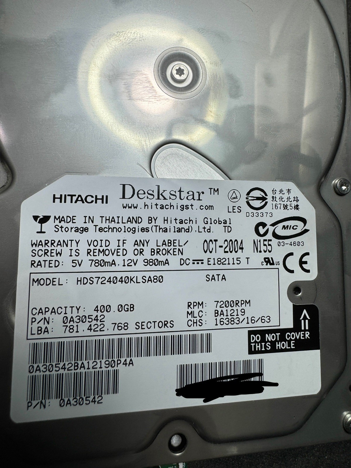 HARD DRIVE Hitachi Deskstar 400GB 7200RPM HDS724040KLSA80