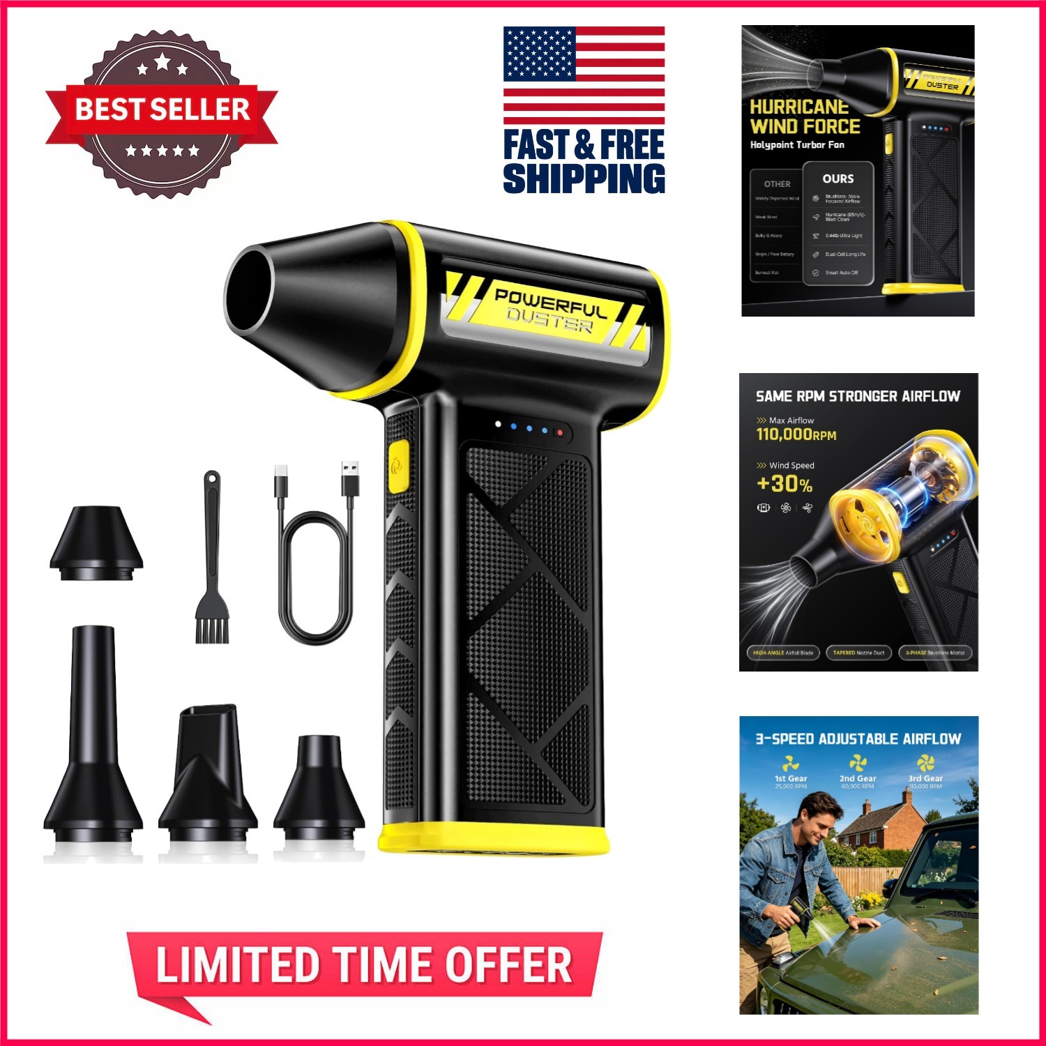 Fast Charging Cordless Air Cleaner – 110,000RPM 3-Speed Duster with Nozzle Kit