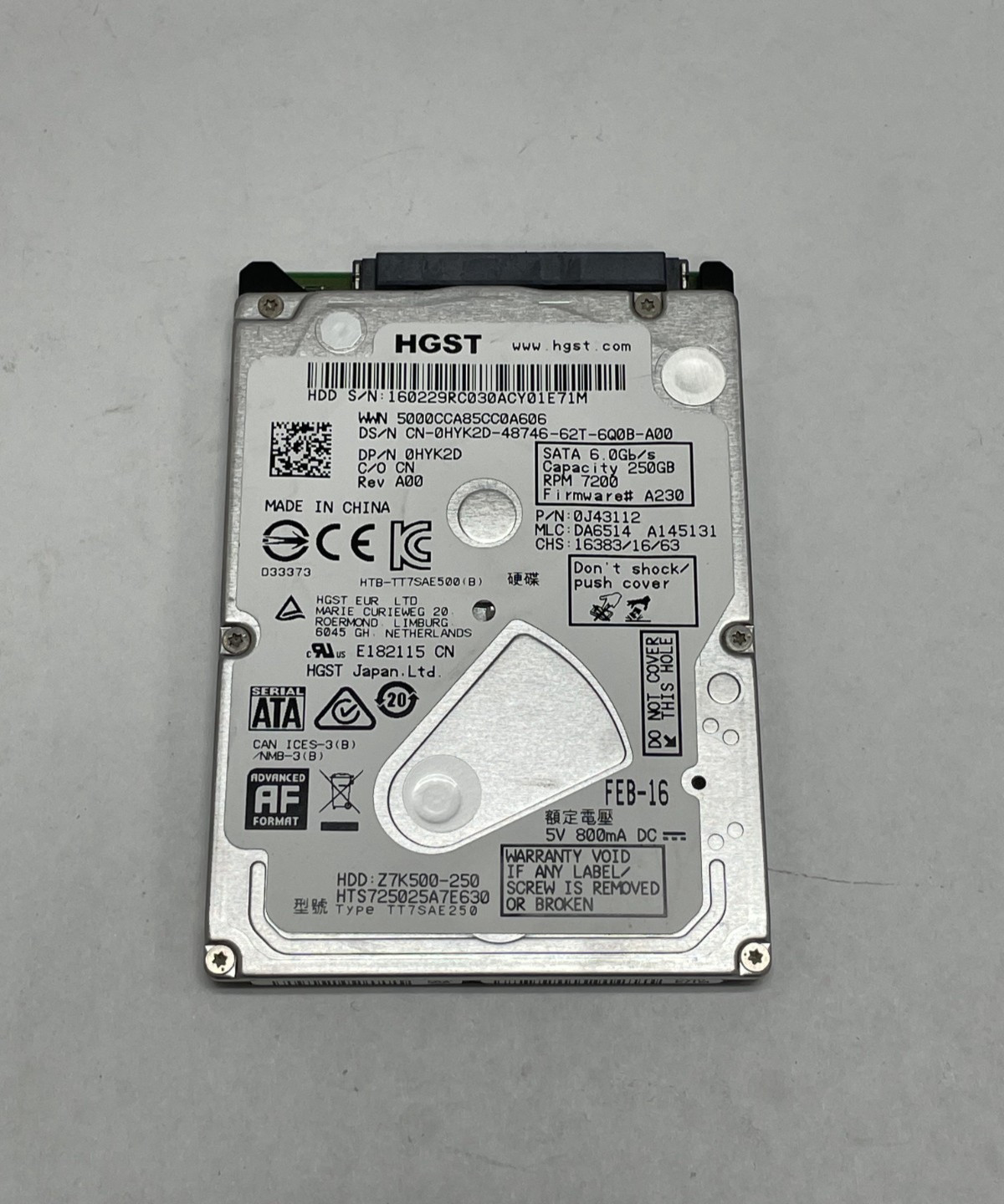 HGST Travelstar Z7K500 250GB 2.5" SATA 6Gb/s 7200RPM Laptop HDD HTS725025A7E630