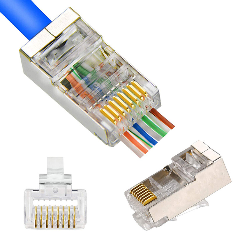 100PCS Shielded RJ45 Pass Through Cat6 Connector Gold Plated 8P8C Modular Plug 