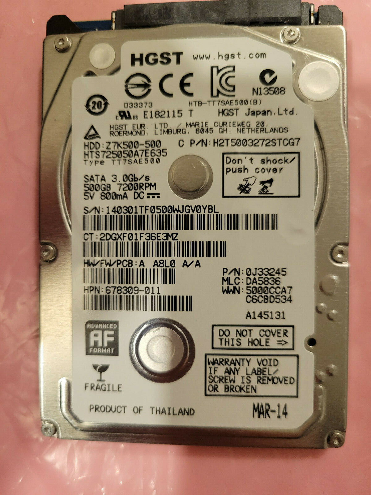 Hitachi HTS725050A7E635 MLC DA5836 A PN 0J33245 500GB 2.5" SATA HD 678309-011