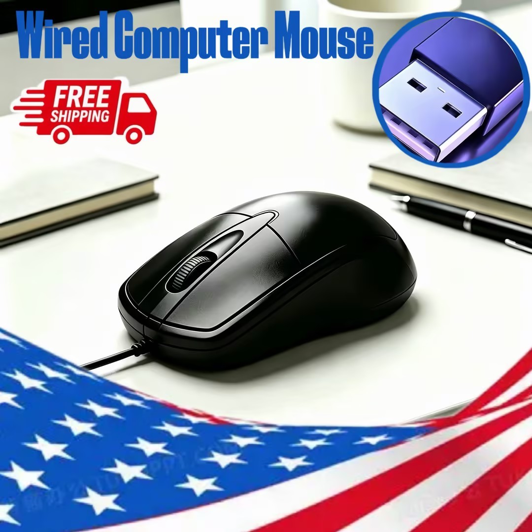 1 PCS Black Wired Mouse 3Button Corded USB Home Office Silent and Laptop PCs for
