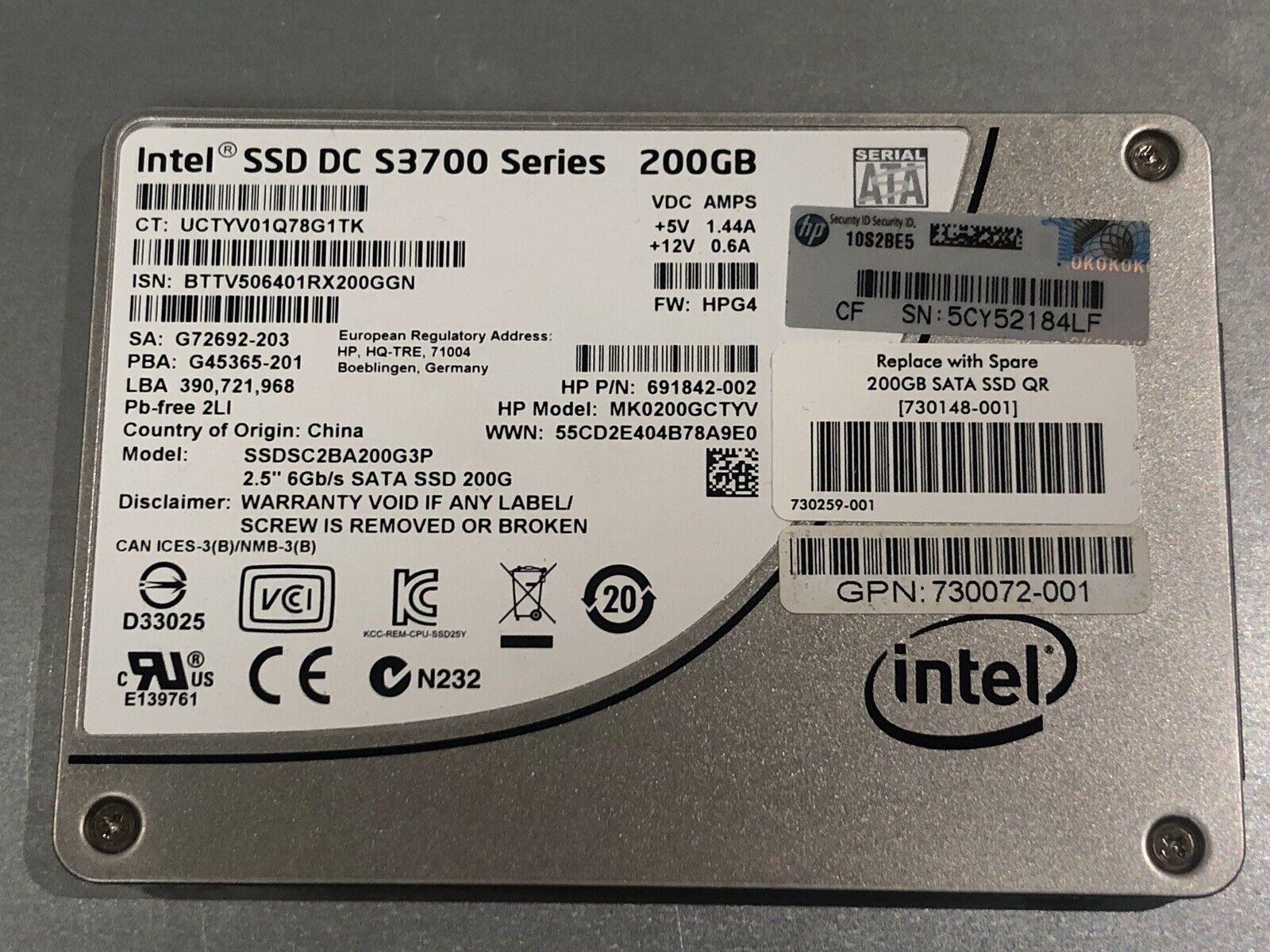 HP Intel 200GB DC S3700 SSD 2.5 SFF SSDSC2BA200G3P MK0200GCTYV HPE G8 G10 G7 G9