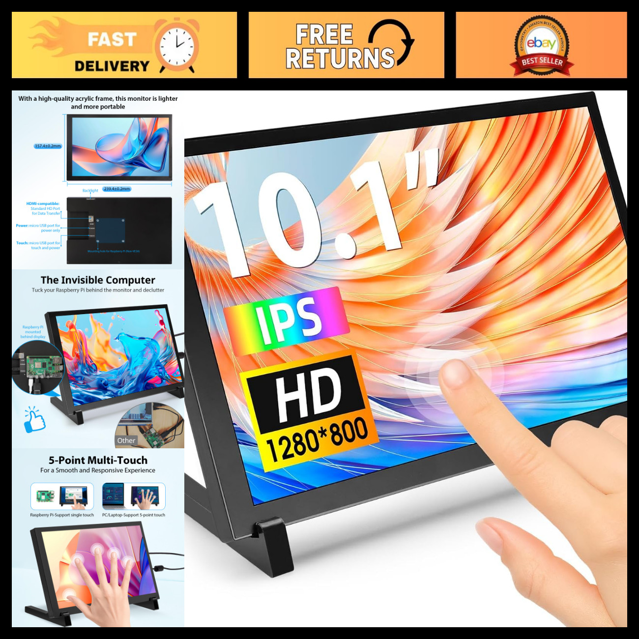 10.1" Touchscreen Monitor, 1280x800 IPS HD Display, Portable Touch Screen for Ra