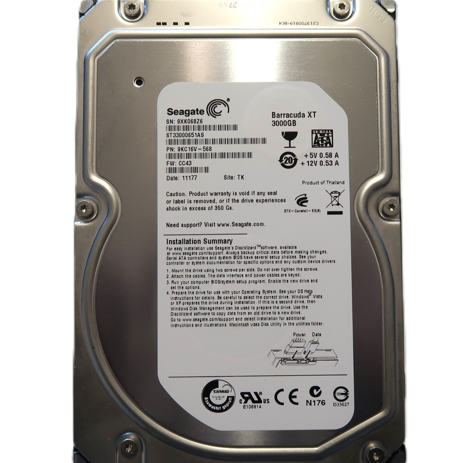 Seagate ST33000651AS 9KC16V-568 CC43 TK Thailand (9XK) 3.5" 3.0TB Sata OCT/2010