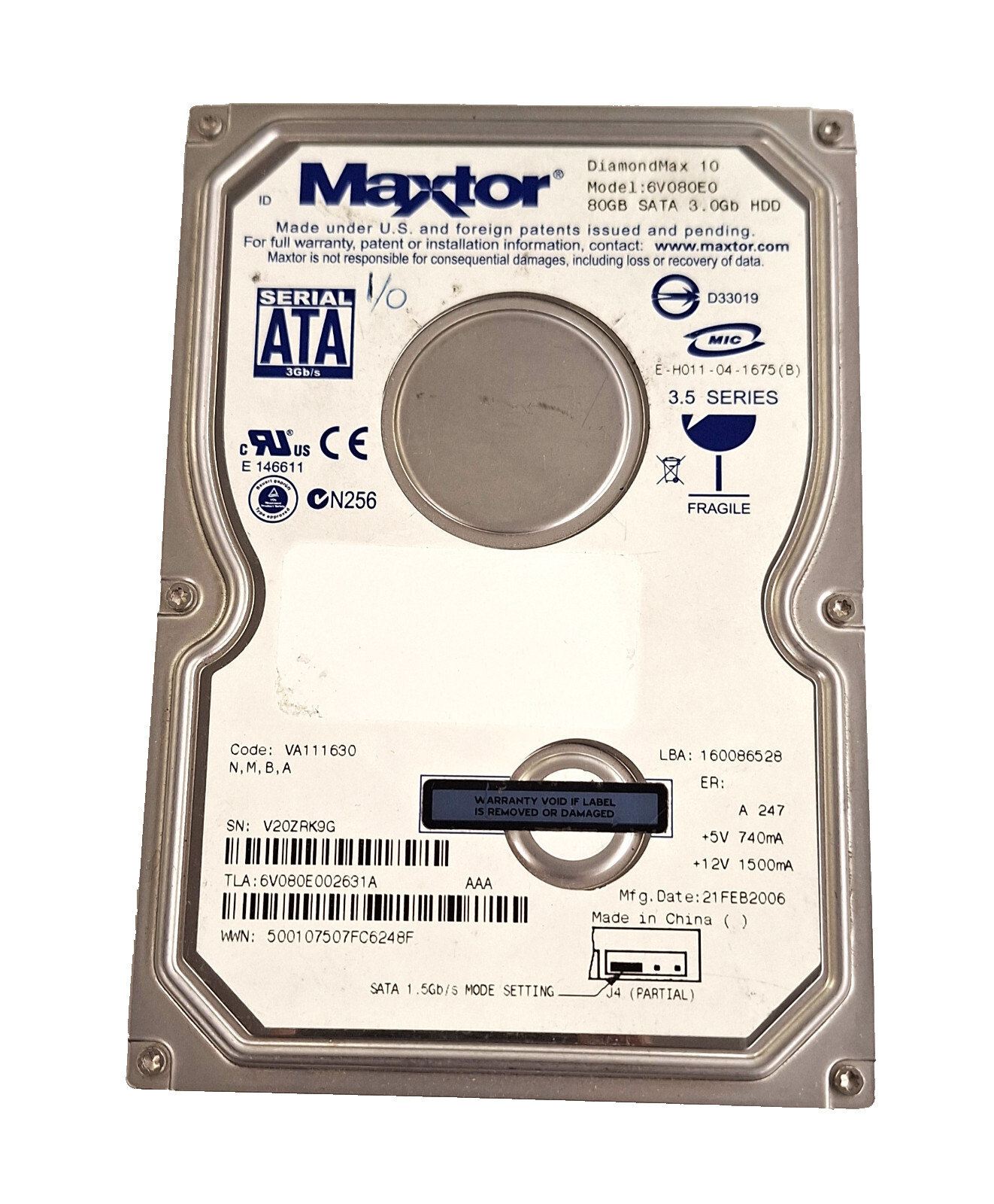 Maxtor 6V080E0 DiamondMax 10 80GB 7200RPM SATA 3.5 inch Hard Drive