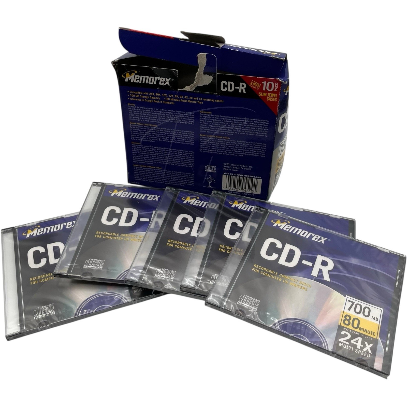 5 Disks Unopened New Memorex CD-R 700 MB 80 Minute 24x Multi Speed Partial Box
