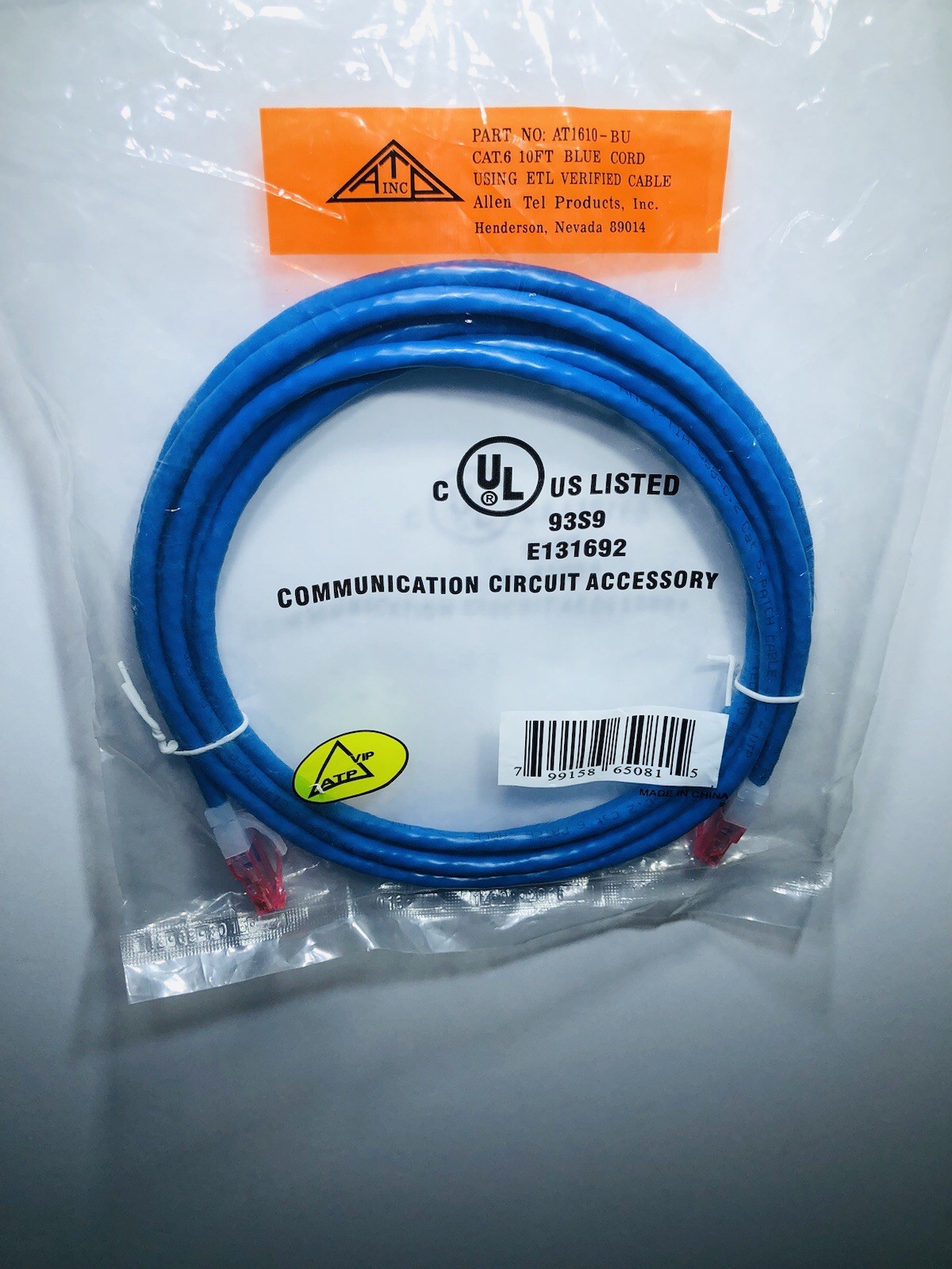 ATP  Allen Tel AT1610-BU Category 6 Patch Cord, 10-Foot Length, Blue,  E131692