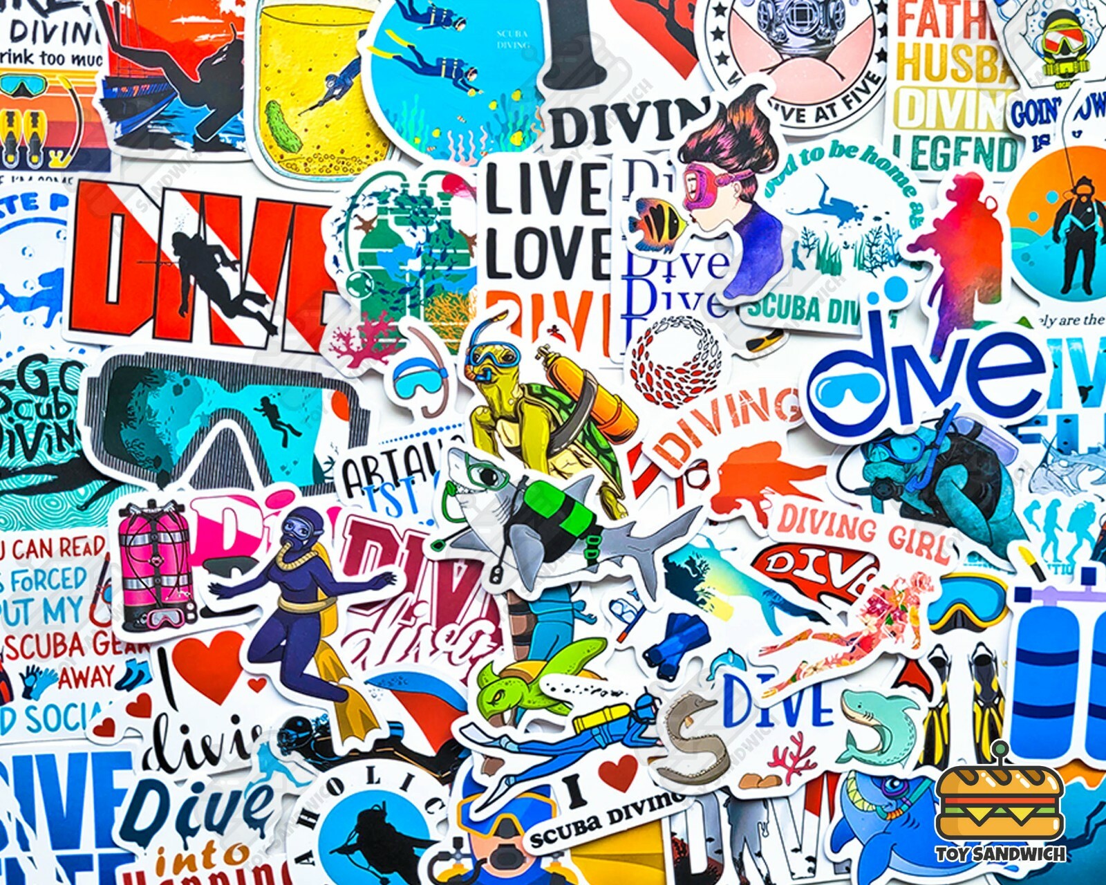 50 pcs "Scuba Diving" Sticker Pack Waterproof Underwater Wetsuit Snorkel Decals