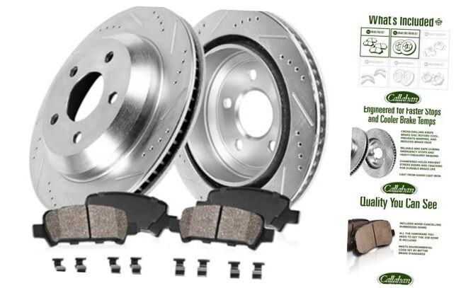Rear Drilled Slotted Brake Disc Rotors and Ceramic Brake Pads + Hardware