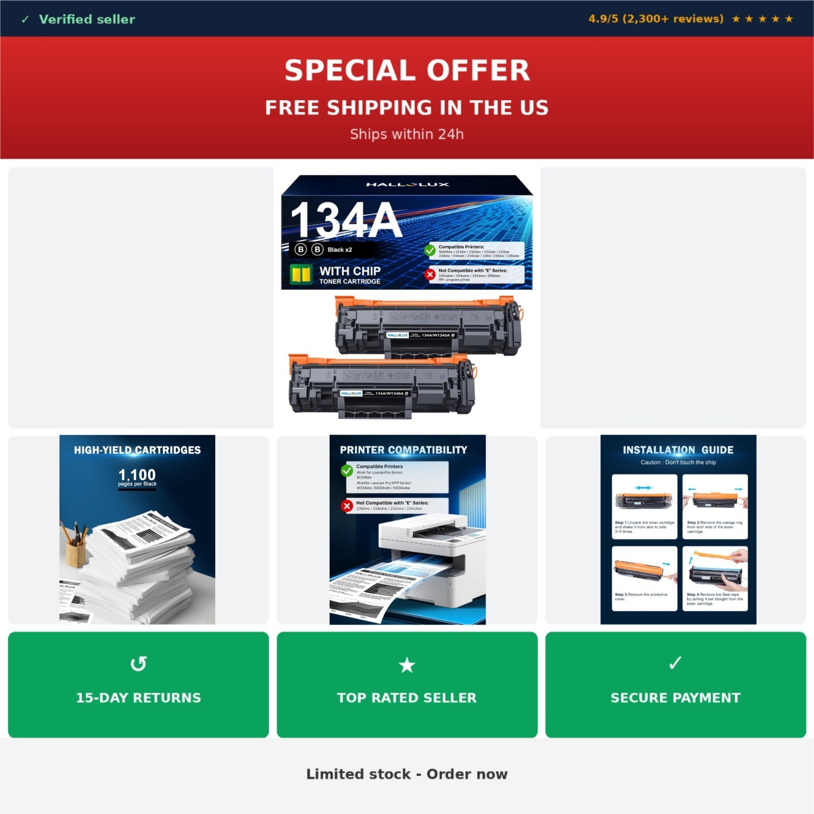 HALLOLUX 134A Black Toner Cartridge for HP LaserJet 209dw M234dw 2-Pack