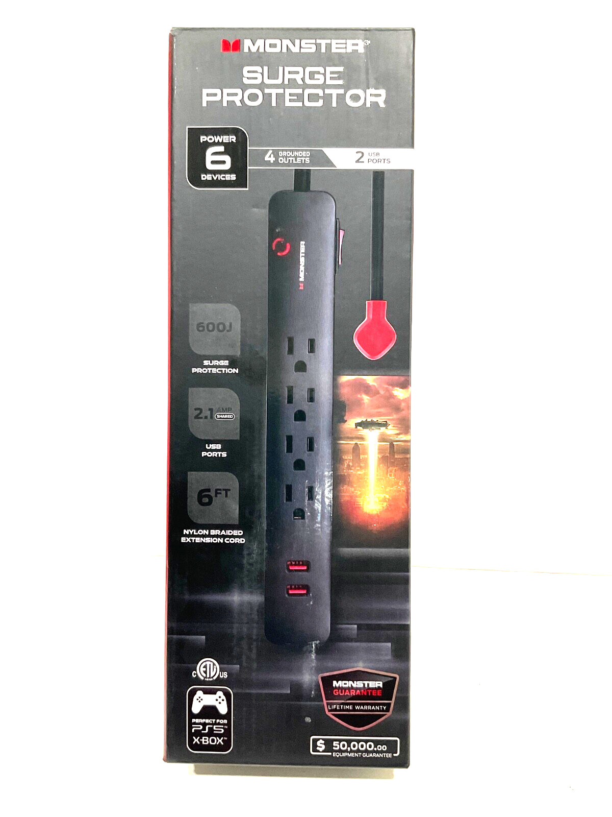 MONSTER SURGE PROTECTOR 4 GROUNDED OUTLET and 2 USB ports 600  J 6 FT EXT cord