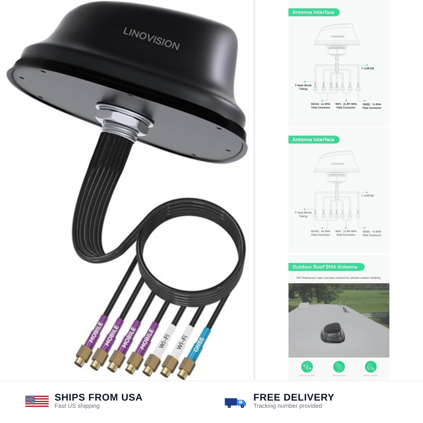 LINOVISION 5G/4G LTE MIMO 7-in-1 Roof Antenna with 4×5G, 2×WiFi and 1×GNSS