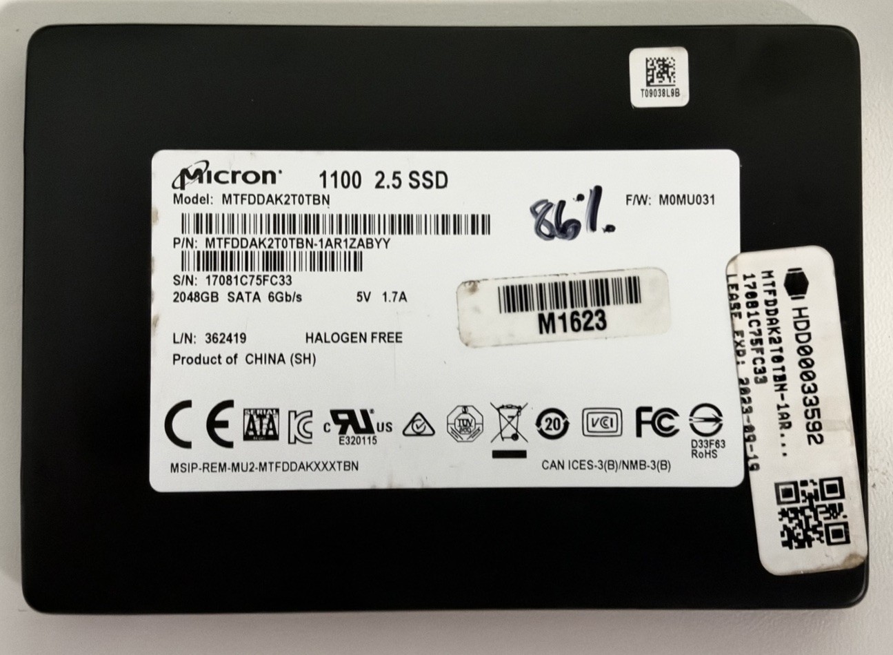 Micron 1100 2TB SSD MTFDDAK2T0TBN-1AR1ZABYY 2.5" SATA 6Gb/s 3D TLC 85-86% Health