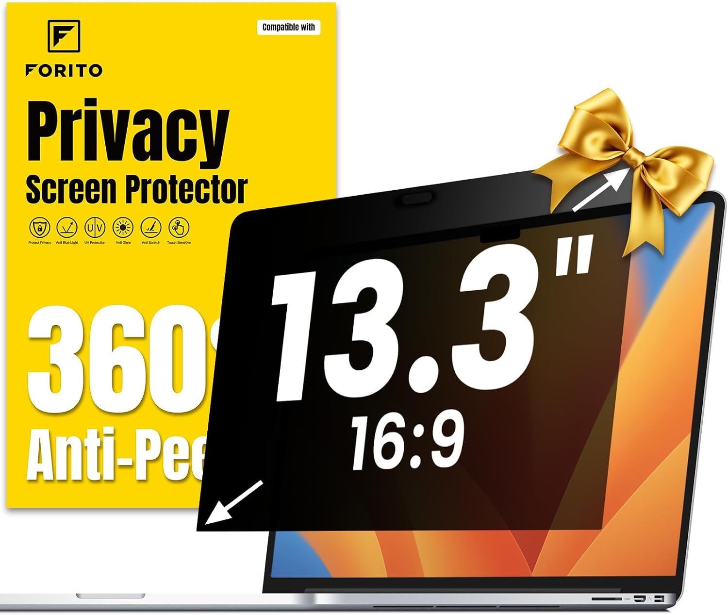 360° Laptop Privacy Screen Protector, Anti Glare & Anti Peeping, 13.3 Inch 16:9