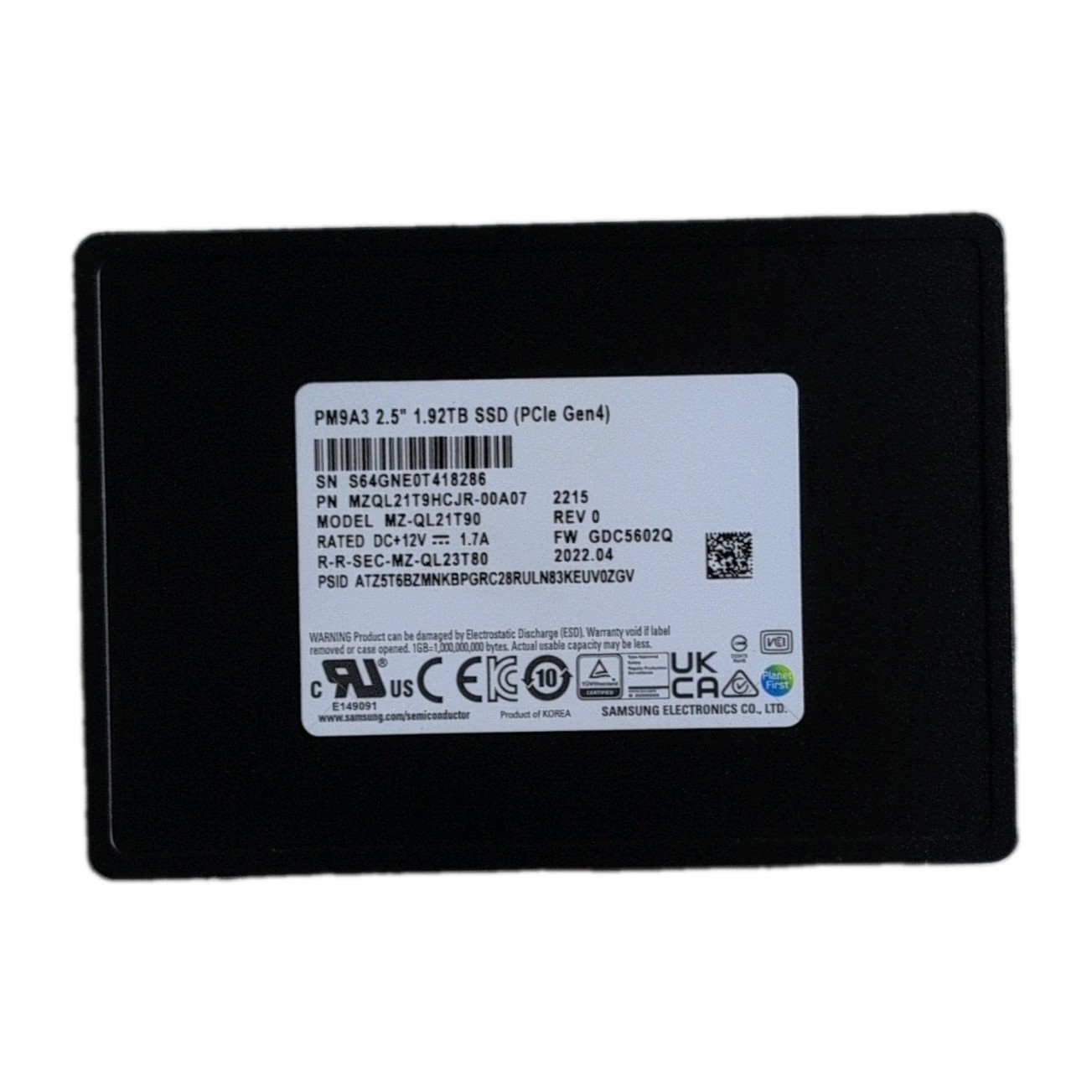 Samsung PM9A3 1.92TB 2.5" NVMe PCIe Gen4 Internal SSD MZQL21T9HCJR U.2